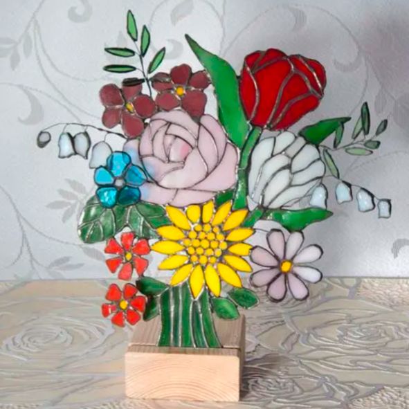 新作☆ステンドグラス花束パネル置物フラワーブーケガラス