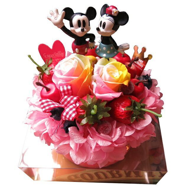 クリスマスプレゼント ディズニー ミッキー ミニー入り 花 フラワーギフト フラワーケーキ レインボーローズ プリザーブドフラワー入り ケース付き ノーマル ミッキー ミニー◆記念日の贈り物におすすめのフラワーギフト