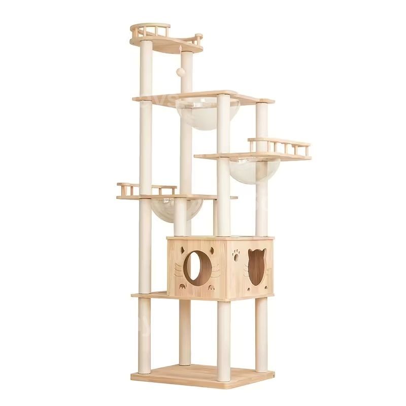 キャットタワー 猫タワー 木製 大型猫用 宇宙船3つ ナチュラル シンプル おしゃれ 可愛い インテリア 北欧 据え置き 多頭飼い 隠れ家 展望台 爪とぎ 運動不足解消 安定 スリム ホワイト ブラウン 60×50×185cm