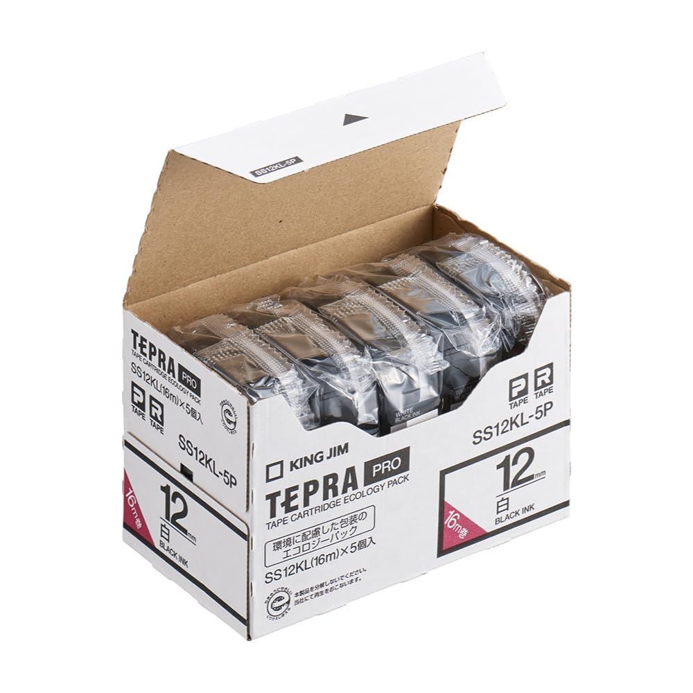 キングジム 純正 テプラPROテープカートリッジ エコパック5個入 12mm 白ラベル|黒文字 ロング 長さ16m SS12KL-5P