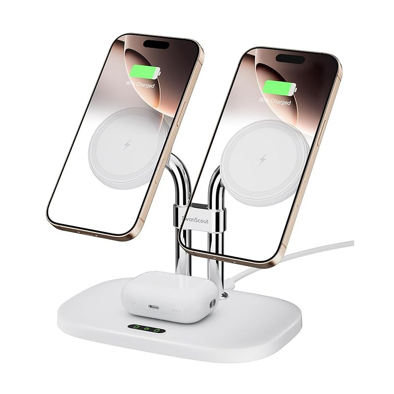 iPhone 16 15に対応ワイヤレス充電器 SwanScout 706M デュアル mag-safe 充電器 iPhone 16|15|14|13|12シリーズ対応 AirPods 4|Pro 2|Pro|3対応 ホワイト 0