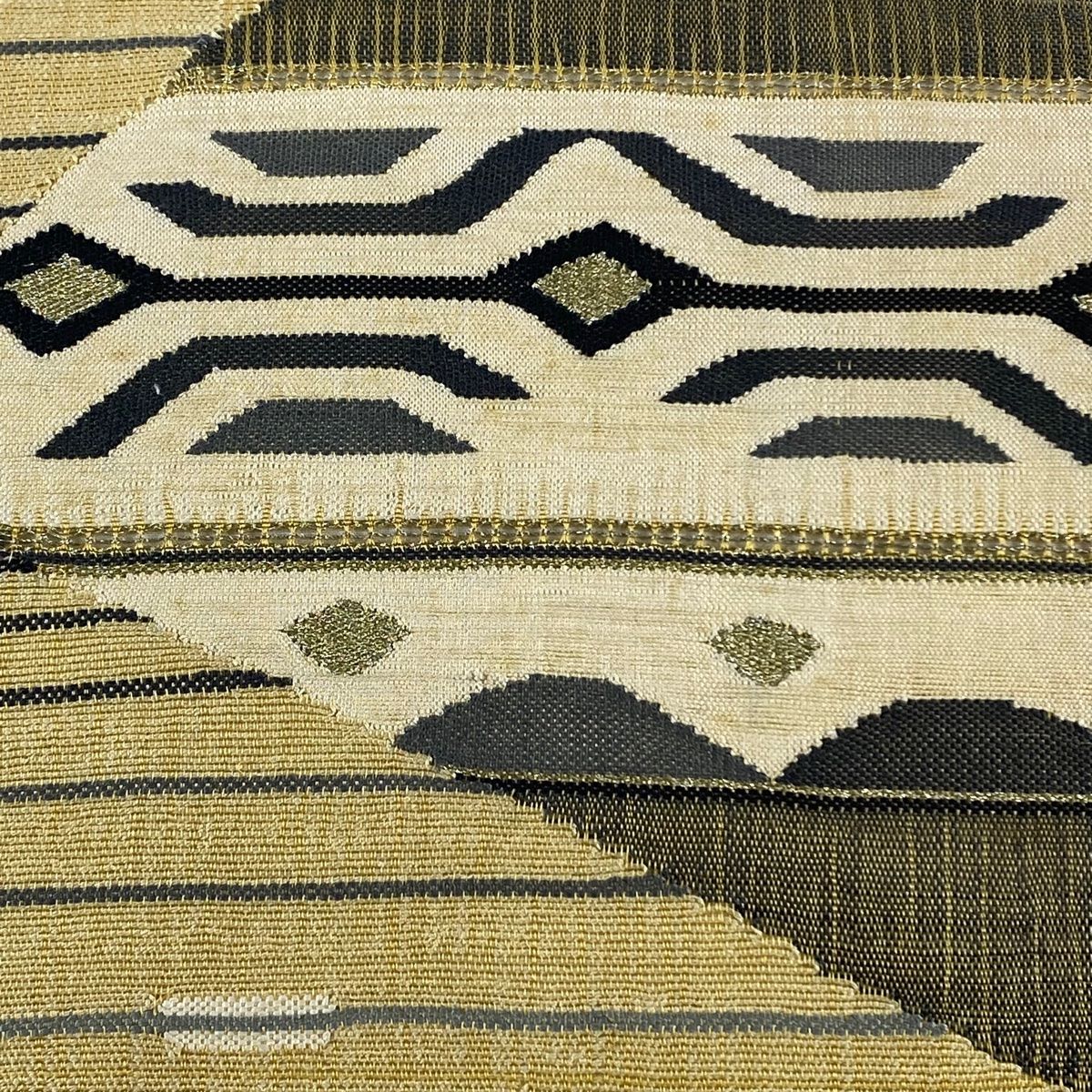 袋帯 秀品 夏帯 幾何学模様 縞模様 金糸 黄土色 お太鼓柄 正絹 袋帯 秀品 夏帯 幾何学模様 縞模様 金糸 黄土色 お太鼓柄 正絹