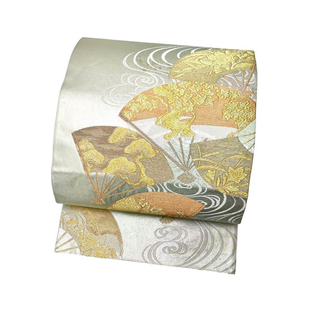 袋帯 琳派流水扇文 扇子に流水模様 金銀糸 白緑色 O-3892