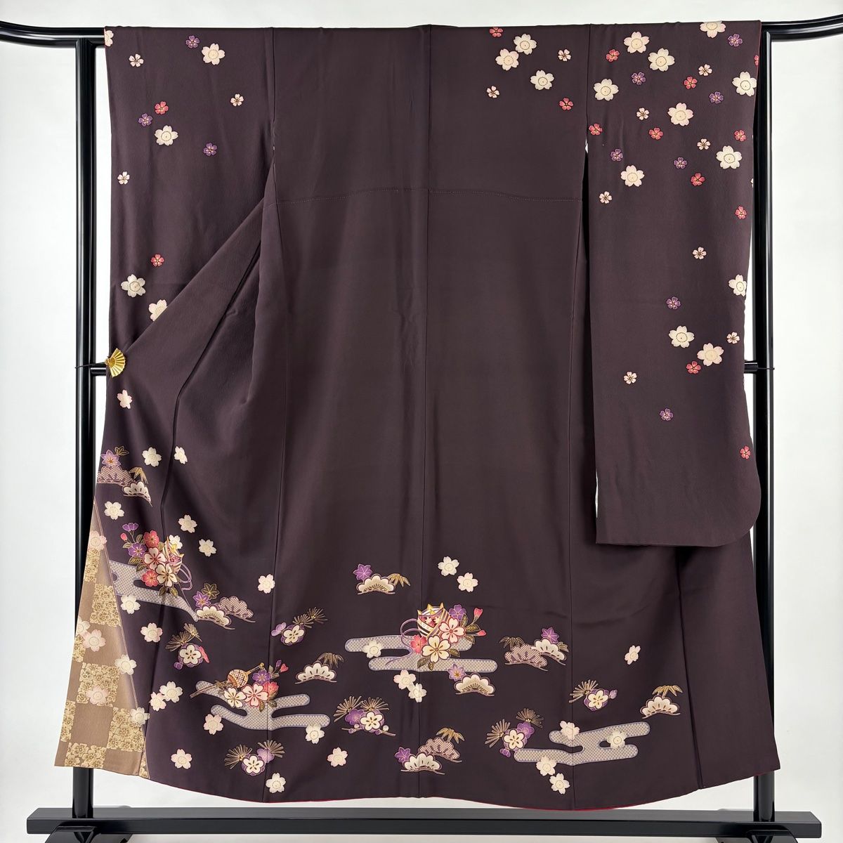 【美品】ロング振袖　松竹梅・蝶模様　茶紫×黒　金彩友禅　身丈165cm 振袖】黒/紫・蝶 | 二十歳振袖館Az