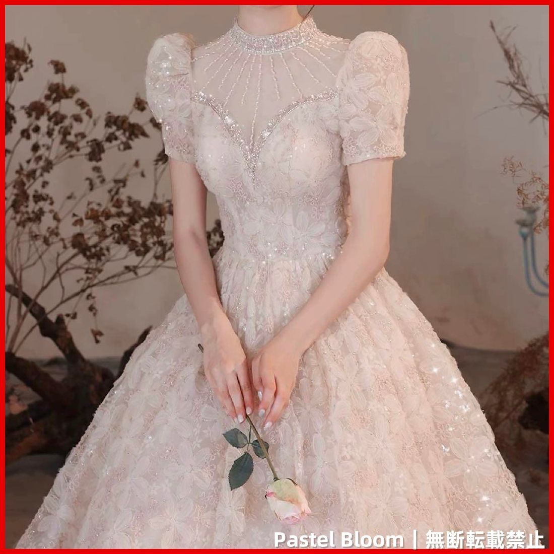 25年 花柄にパフスリーブがオシャレで イブニングドレス