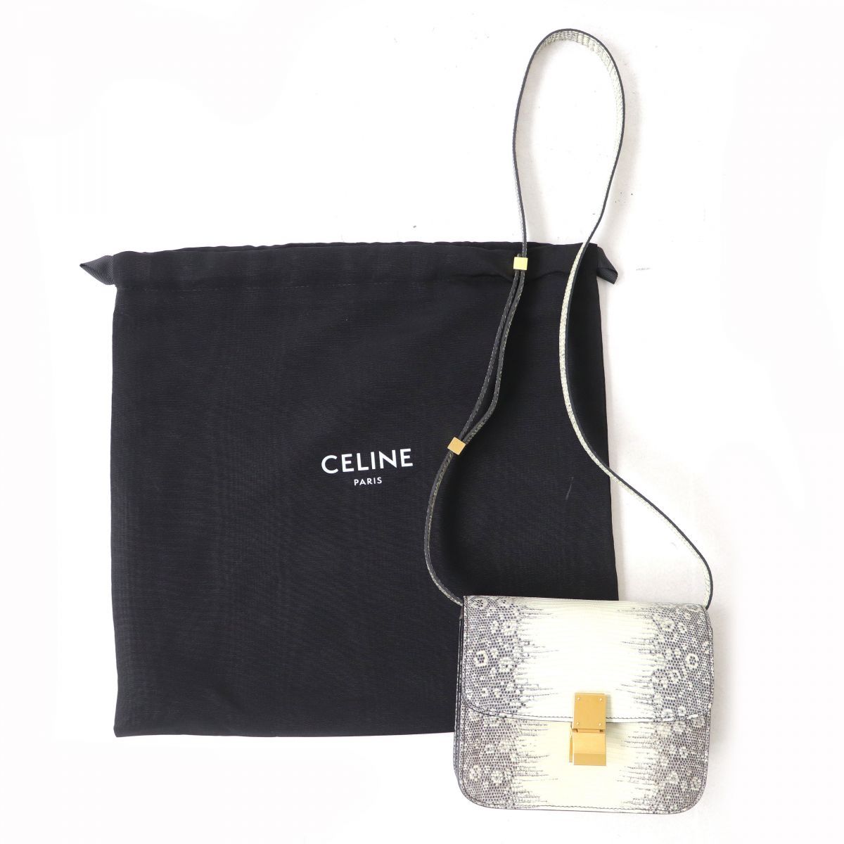 極美△伊製 CELINE セリーヌ 19252 ティーン クラシックボックス リザードレザー ショルダーバッグ アイボリー×グレー系  定価880,000円