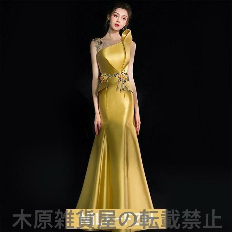 イブニングドレス サテン ドレス 金色 マーメイドドレス ノースリーブ ロングドレス ウエストフリンジ フラワー オシャレ キレイめ 発表会WP数量 価格926