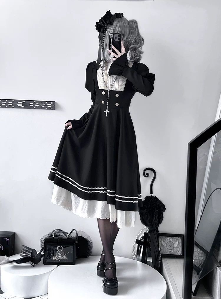 黒 きれいめ ロリィタ ロリータ ゴスロリ ワンピース レース シスター スカート コスプレ メイド 黒 幼女 襟付き リボン