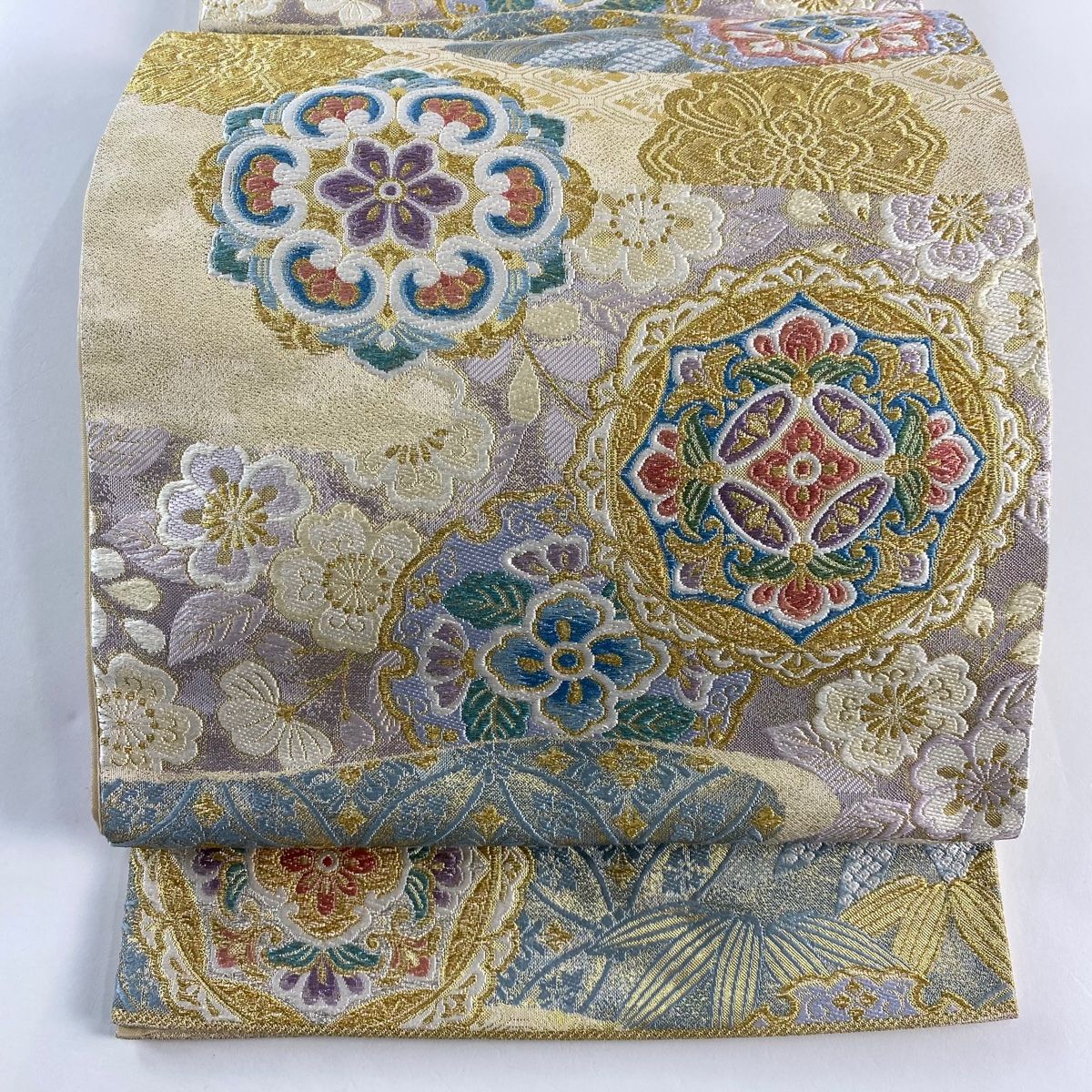 袋帯 関西仕立て 華文 草花 金銀糸 刺繍 ベージュ 六通 正絹