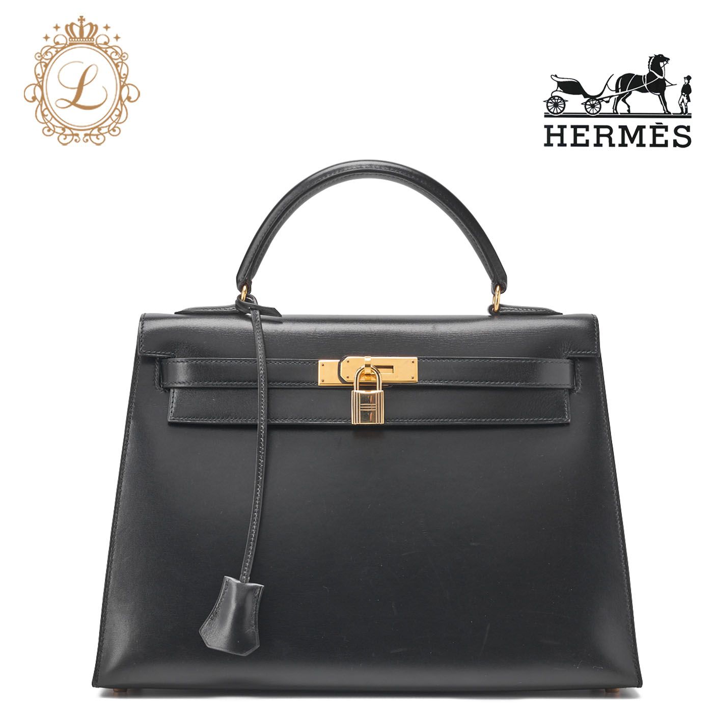 HERMES エルメス ケリー32 ハンドバック ボックスカーフ 黒 Black（ゴールド金具） レディースバッグ  ハイブランド【中古】【送料無料】