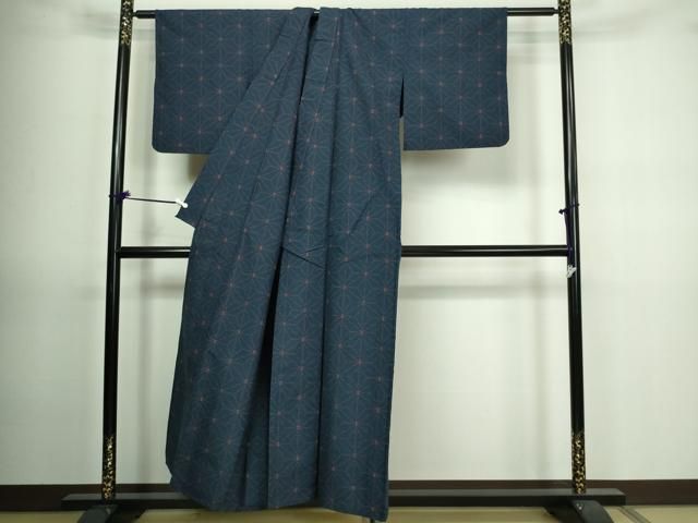 平和屋着物▽上質な紬 単衣 変わり縞吉祥花文 正絹 逸品