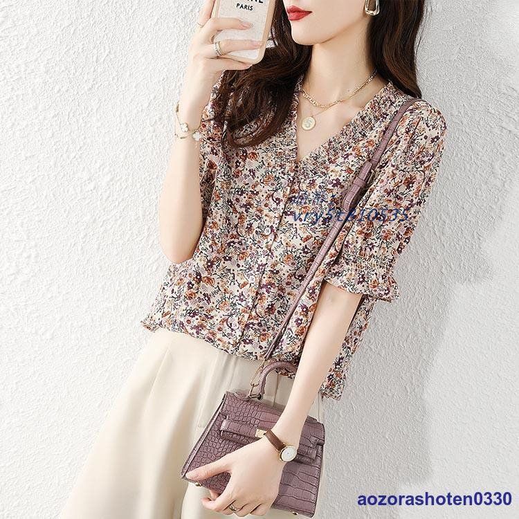 ブラウス レディース シャツ 夏 Vネック 中袖 半袖 シフォン オシャレ  通勤 大人 OL ゆったり ス 30代40代50代 オフィス ビジネス ブラウス レディース 夏 シフォン 総柄 Vネック 50代 ブラウス