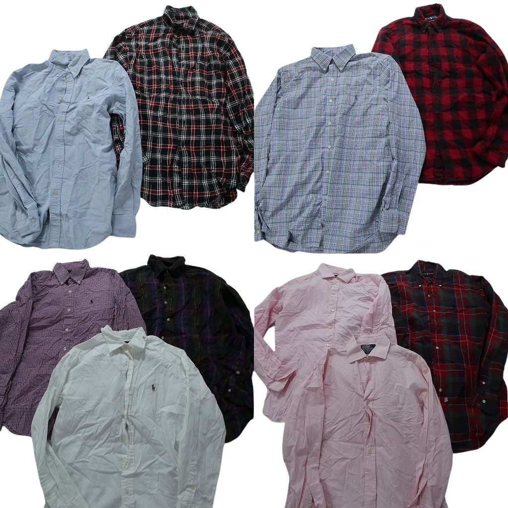 古着卸 まとめ売り ラルフローレン 長袖シャツ 10枚セット (メンズ M ) 90s 無地 ワンポイント チェック ピンク ライトブルー MU9685