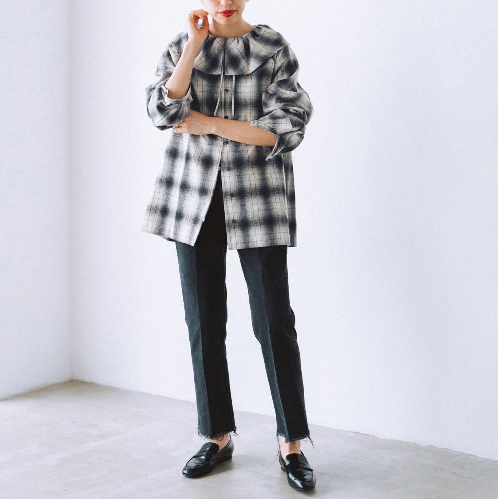 新品タグ付き IENA BLACK フリルチェックブラウス 人気完売品 フリー 追加》BLACK フリルチェックブラウス（シャツ／ブラウス）｜IENA