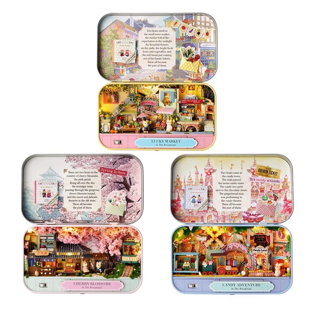 wyd 10月のおとぎ話 ドールハウス ミニチュア 手作りキット セット さくらドリームランド/ラッキーバザール/キャンディアドベンチャーファミリー ペンケース缶 タテ （3個 ）