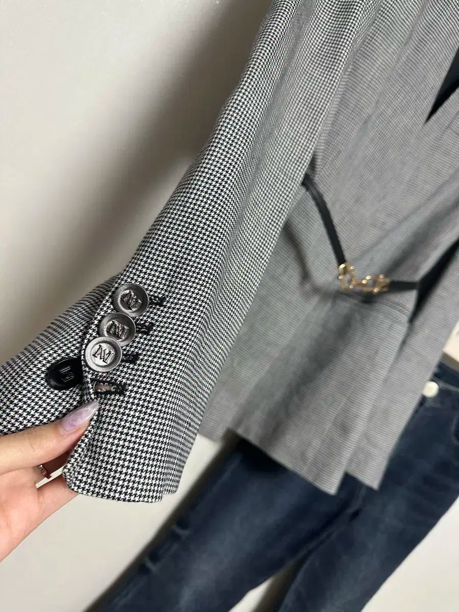 ミシャ 23 ノンカラ ベルト付き ハウンドトゥース ジャケット