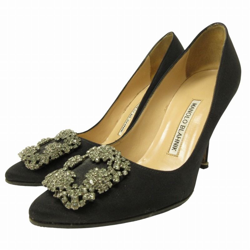 マノロブラニク MANOLO BLAHNIK ハンギシ サテン パンプス アーモンドトゥ ビジュー装飾 黒 ブラック 34.5 約21.5cm