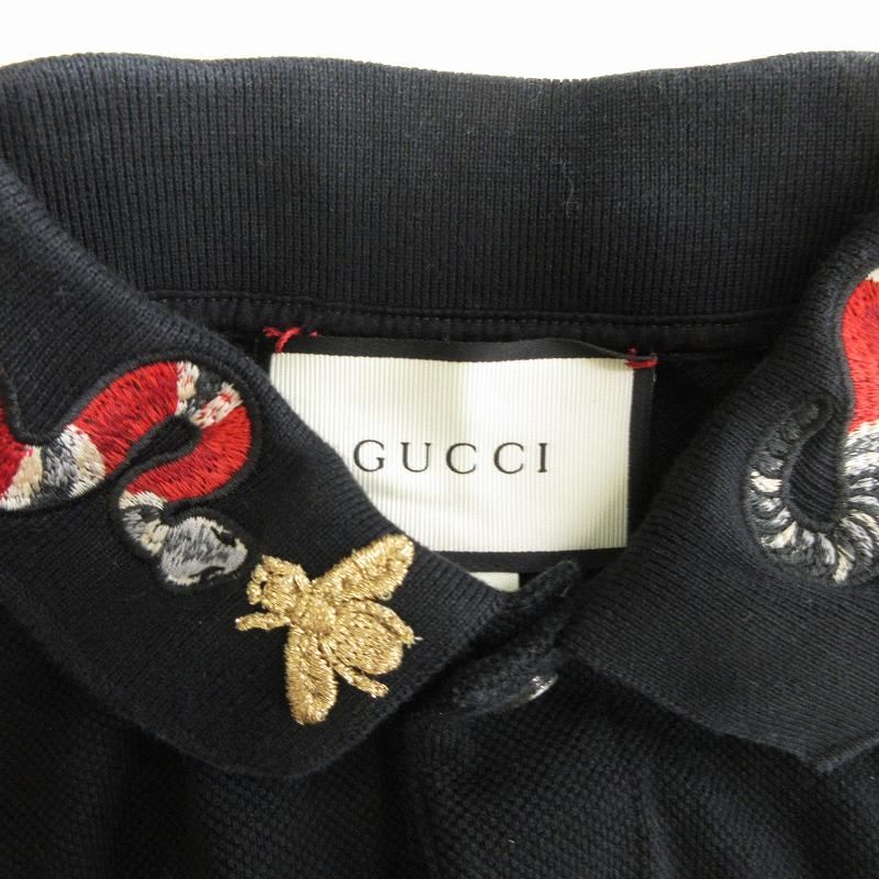 グッチ GUCCI ポロシャツ 半袖 スネーク 蜂 刺繍 コットン 黒