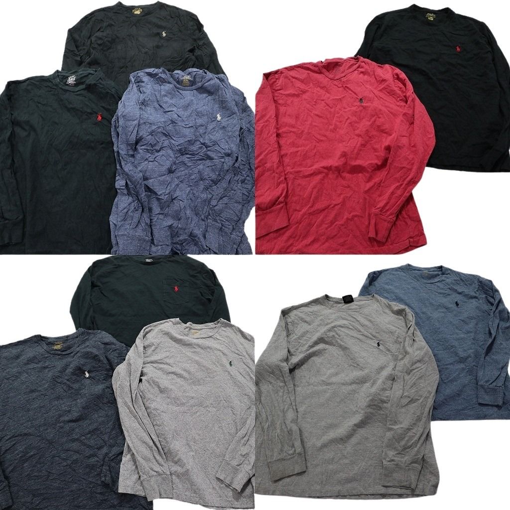 古着卸 ラルフローレン 長袖Tシャツ 10枚セット メンズ Ｓ |Ｍ ポケＴ 単色 ブラック 黒 グレー 古着 NA9804