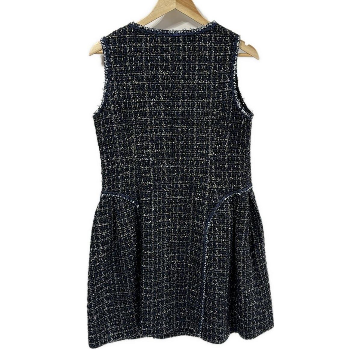 スーパービューティー ワンピース サイズ42 L レディース - 黒×ネイビー×白 クルーネック ノースリーブ ひざ丈 ツイード