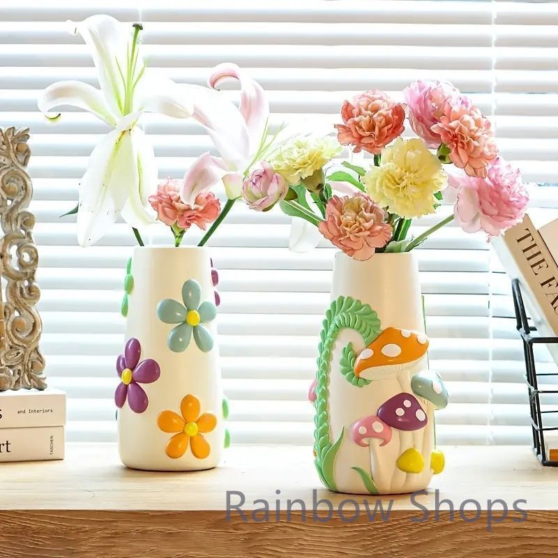【新品未使用】カラフルポリレジンフラワーベースカラフルな花瓶8インチのフルレインボーファングッズ折衷的な女性のフラワーベースユニークなカラフルな装飾的な花瓶かわいい部屋の装