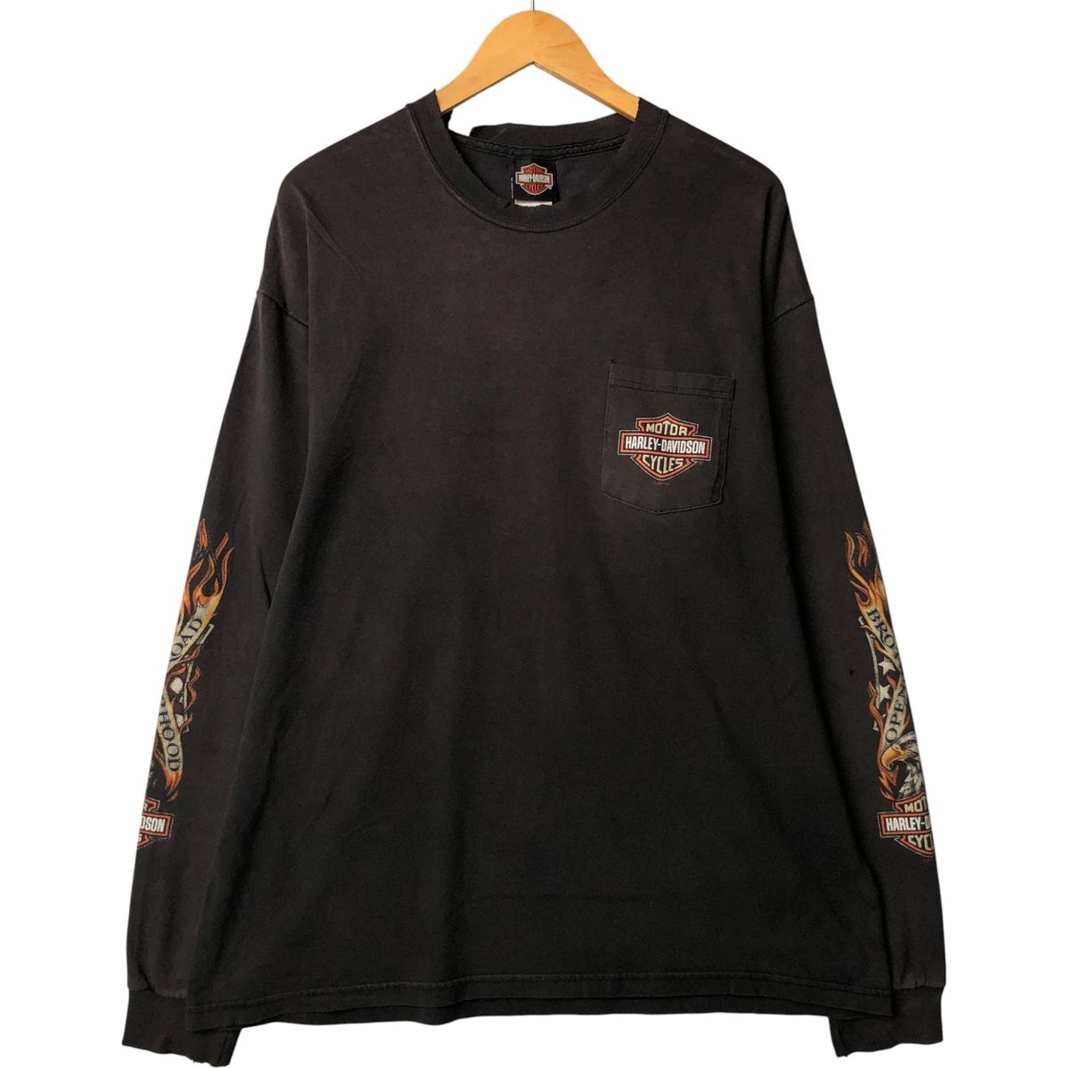古着 00年代 ハーレーダビッドソン Harley-Davidson モーターサイクル 鷲柄 イーグル柄 ファイヤーパターン ロングTシャツ|evb031873