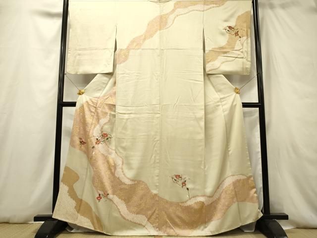平和屋着物□訪問着 絞り 刺繍 地紙枝花文 椿 ツバキ 金彩 正絹