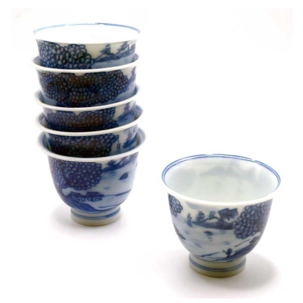 岡田園 茶道具 煎茶碗 染付山水 和峰作 6客セット 径6 cm 高さ5