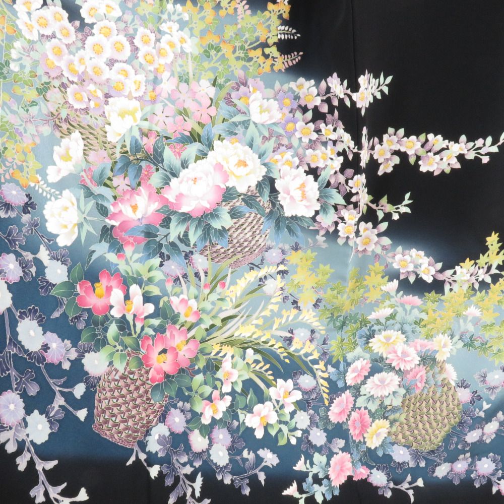 本加賀友禅 黒留袖 小林喜代美 花籠文様 正絹 袷 広衿 比翼付 落款入