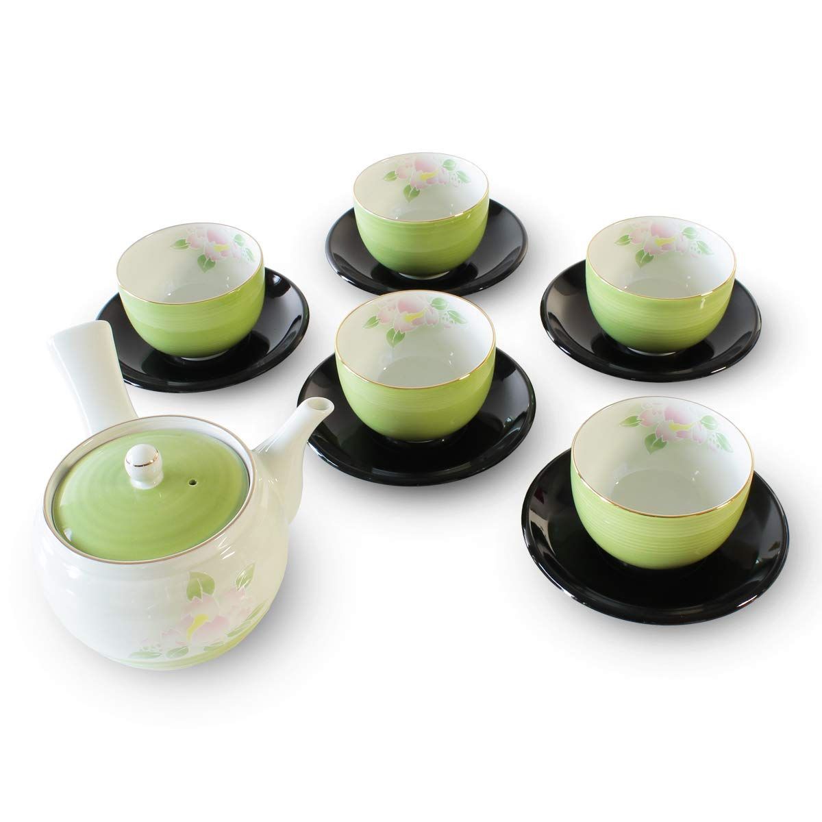 茶器 おしゃれ 有田焼 若草山茶花 P C茶托付急須茶器 セット Japanese Tea set Tea pot x1pcs|Cup x5pcs|with saucer Porcelain|Size cm 17x14.5x9.5 Φ8.8x5.5