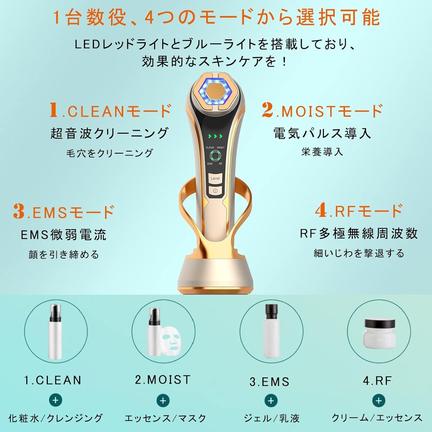 2025 革新版 】美顔器 RF美顔器 イオン導出 イオン導入 EMS 微電流 LED