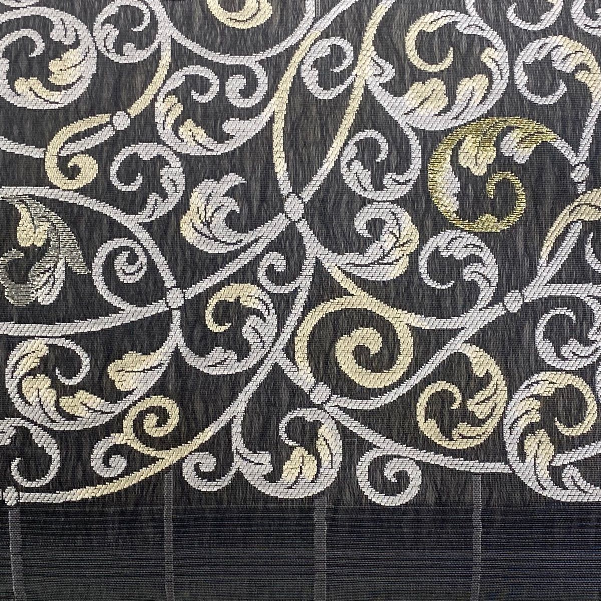名古屋帯 秀品 夏帯 花唐草 金銀糸 黒灰 正絹