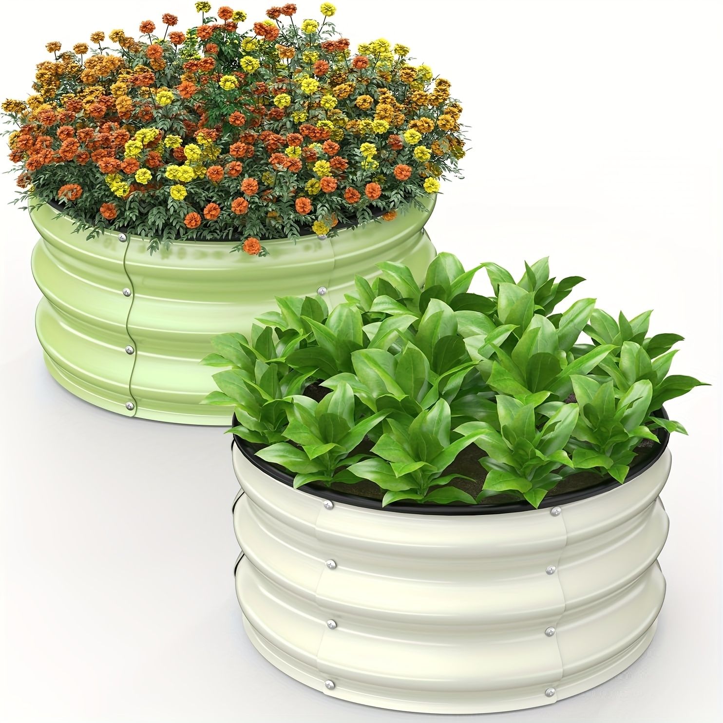 2個セット 60.96x60.96x30.48cm ラウンドリフトガーデンベッドキット 植物用フラワーポットボックス付き パールホワイトとフルーツグリーン 簡単組立 野菜 果物 花のための円形ガーデンベッド