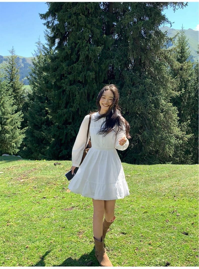 韓国風ふわ可愛いレースドレス ひざ丈ワンピース夏秋用