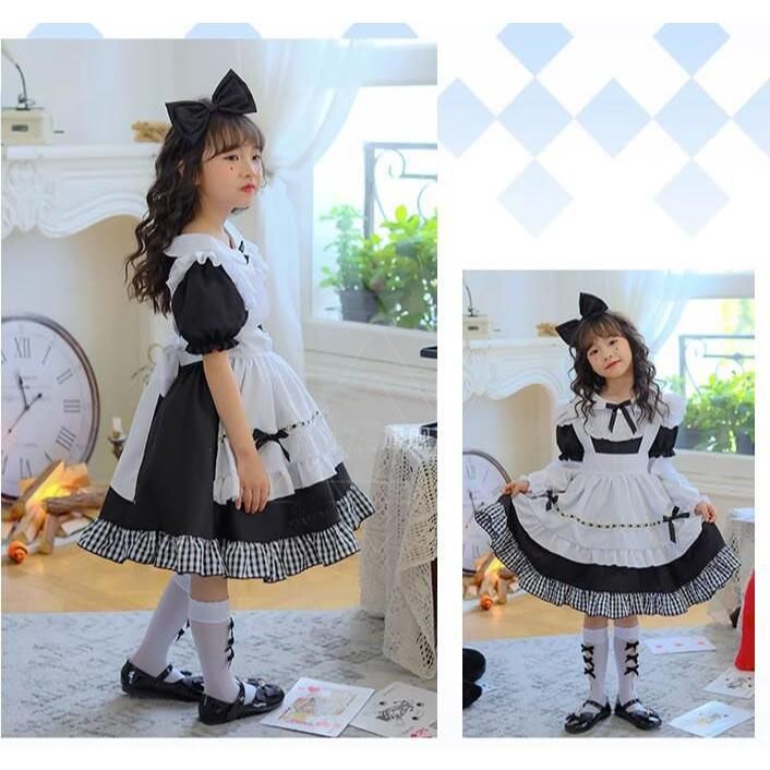 メイド服5点セット 子供服 女の子 メイドコス ハロウィン コスプレ衣装 半袖 長袖 黒白 チェック フリル メイド服 可愛い ウェイトレス キッズ ジュニア リボン