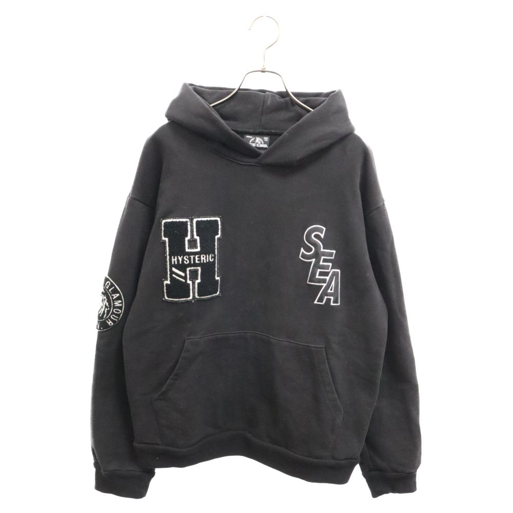 WIND AND SEA (ウィンダンシー) 21AW×HYSTERIC GLAMOUR HOODIE ヒステリックグラマー ロゴワッペン フーディ スウェット プルオーバーパーカー ブラック WDS-HYS-3-06