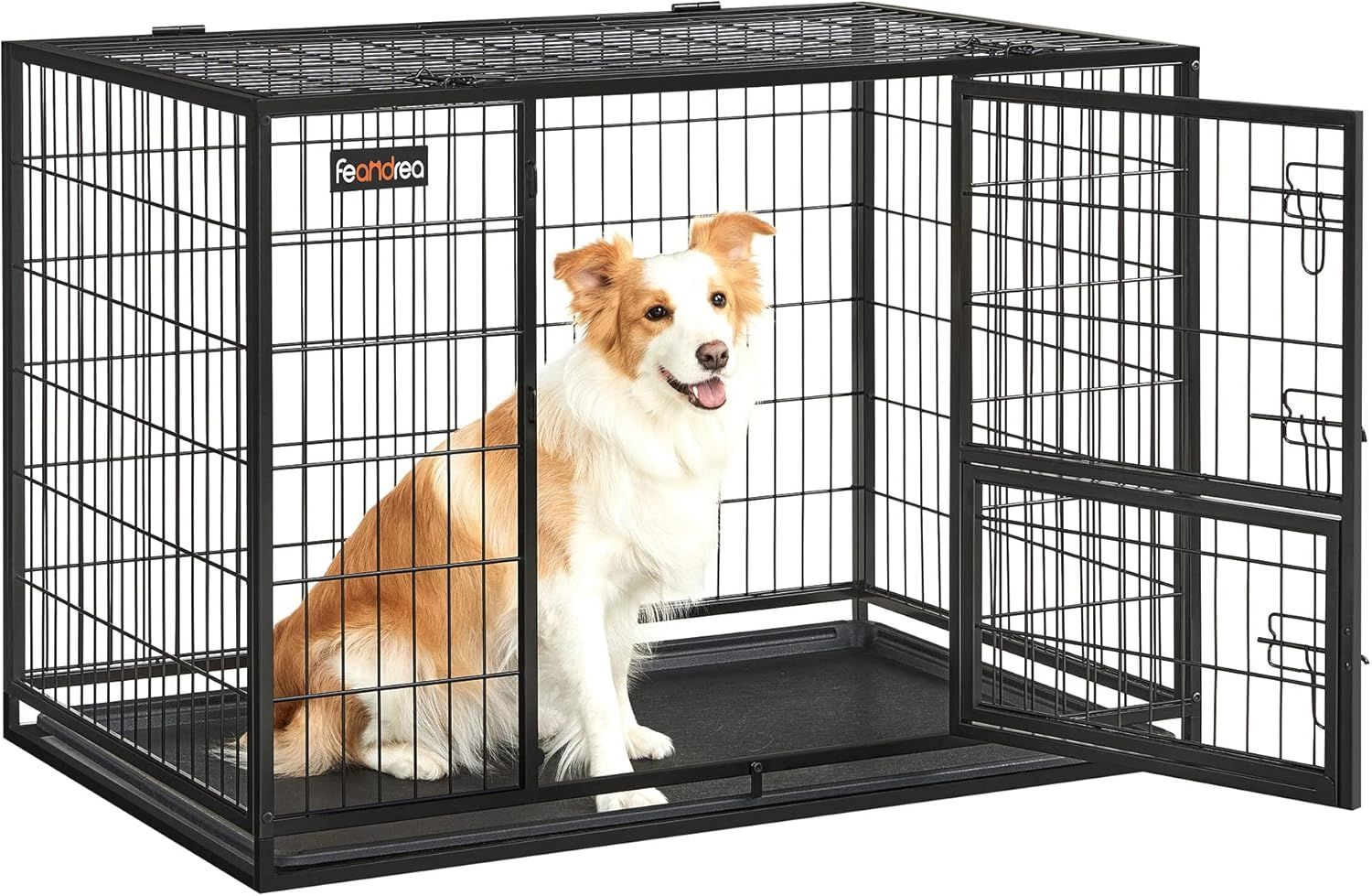 FEANDREA ペットケージ 犬ケージ 中型犬 大型犬 ダブルドア付き トレー付き ペットサークル 大型 組立簡単 室内外兼用 幅107x奥行70 x高さ74.9cm ペットハウス PPD001B01