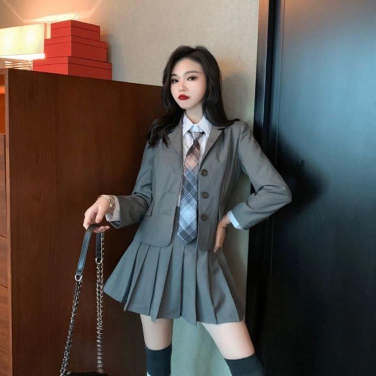  4点セット プリーツスカート 制服 コスプレ衣装 ジャケット 女の子 中学生 制服 白シャツ 上下セット JK制服 長袖 おしゃれ ネクタイ スクール 女子高校生 高校生 ブレザー 学生服 韓国 学#cjfj144765