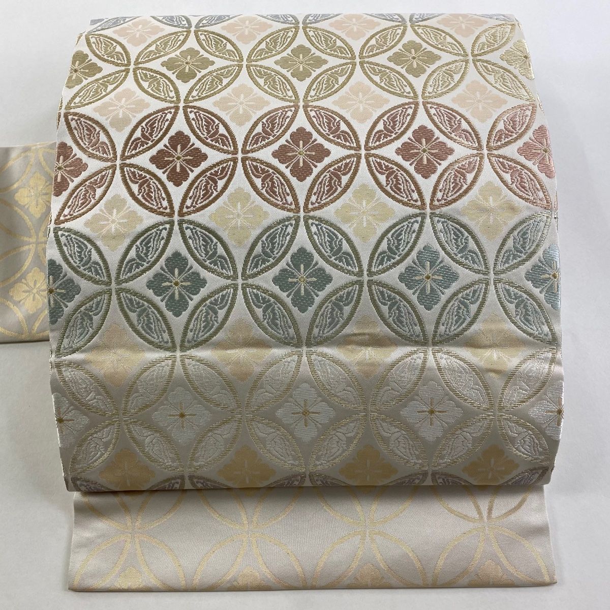 名古屋帯 じゅらく 落款 七宝繋ぎ 花 金糸 箔 クリーム 正絹