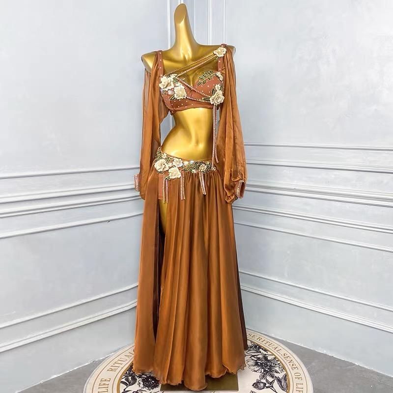 機能的 ベリーダンス オリエンタル衣装 刺繍 ブラ スカート オーダーメイド ステージ衣装 ブラウン