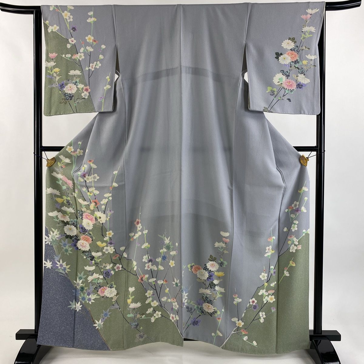 訪問着 身丈162cm 裄丈65cm M 袷 落款 菊 楓 青灰色 正絹