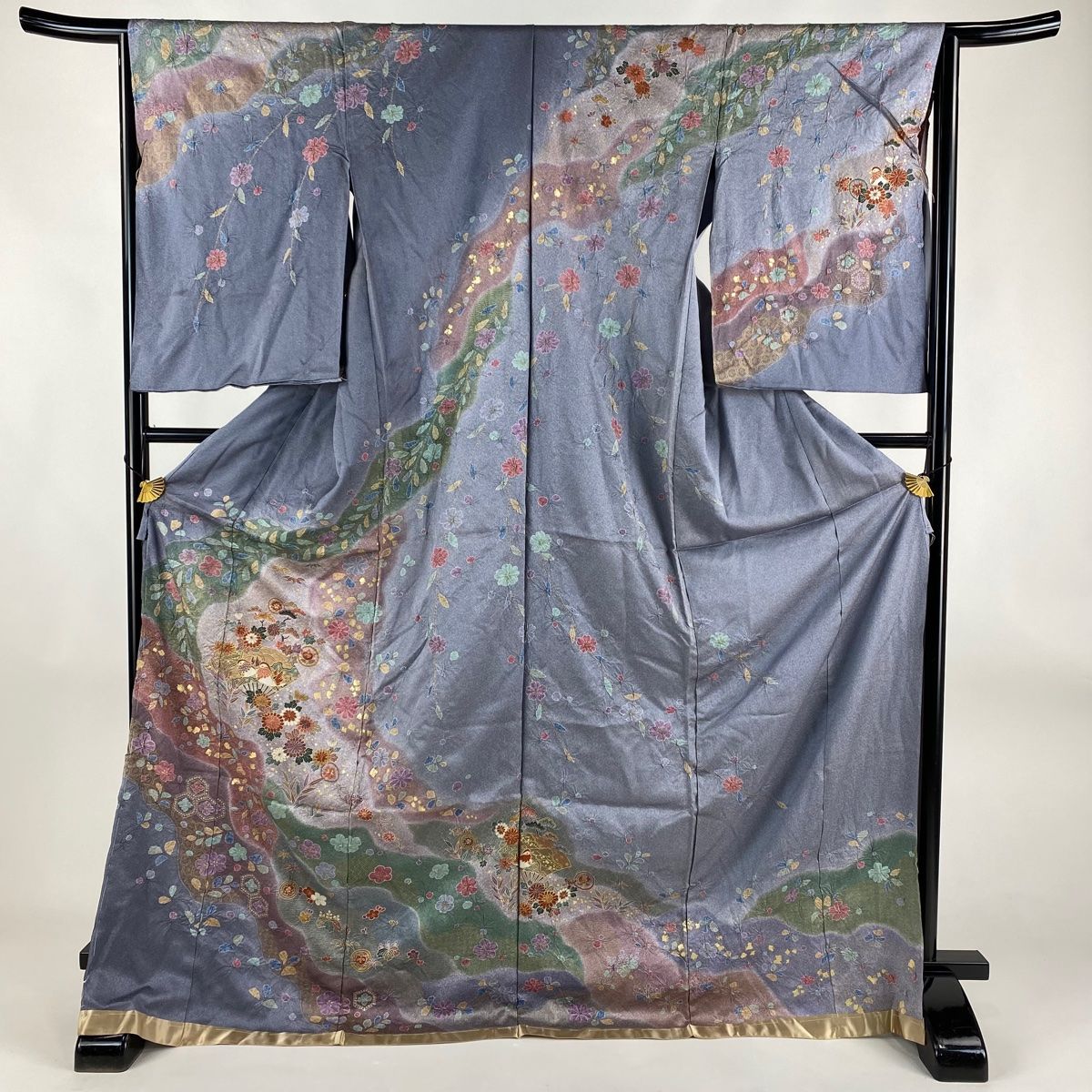 訪問着 身丈175cm 裄丈65cm 未仕立て 扇 草花 金彩 絞り 青灰色 正絹  