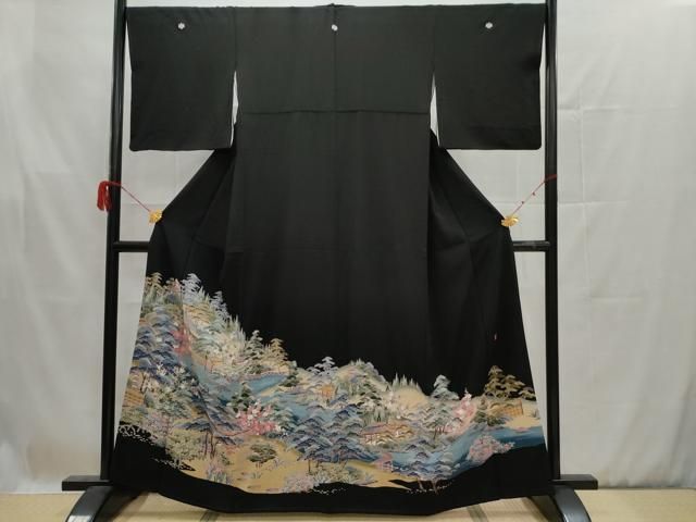 平和屋着物□豪華黒留袖 作家物 渡橋風景草花文 金彩 正絹 逸品  