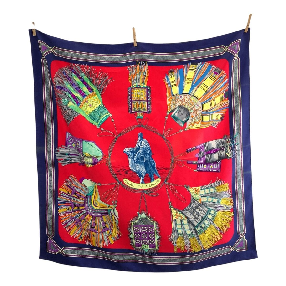 HERMES エルメス CUIRS DU DESERT カレ90 レッド ブルー マルチ