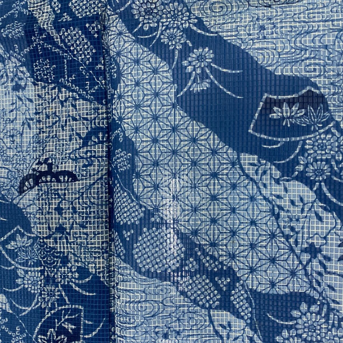 小紋 身丈158.5cm 裄丈63.5cm S 薄物 絹紅梅 扇面 草花 本藍瓶染 藍色  