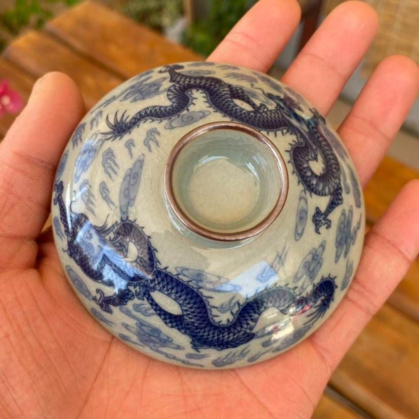 青花九龍紋蓋碗 中国茶器 景徳? 蓋付き茶器 飲茶食器 煎茶具 未