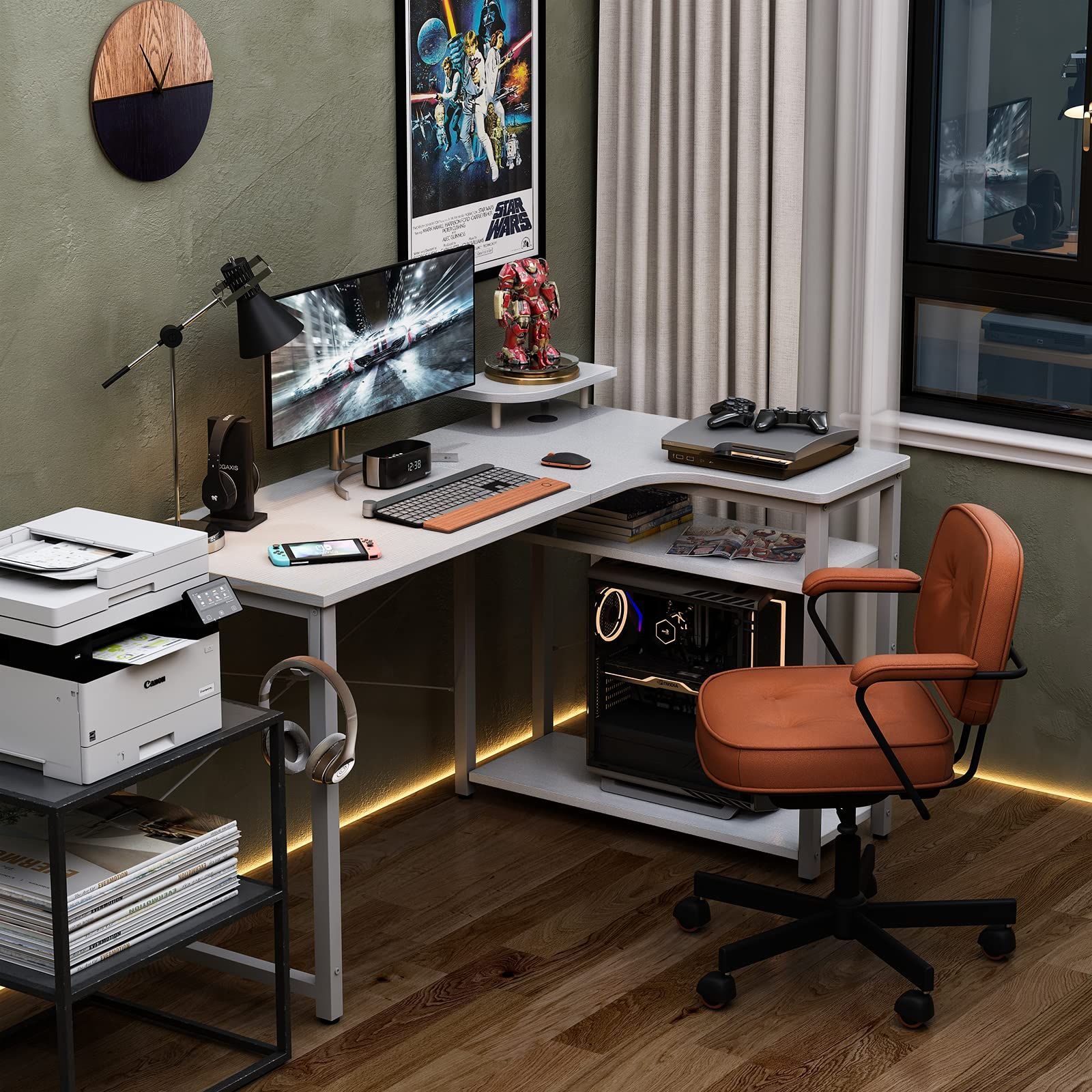 ホワイト 組立簡単 在宅勤務 オフィスデスク 収納 右棚 ラック付きデスク L字型 コーナーデスク 机 デスク pcデスク ゲーミングデスク 幅110 l字デスク パソコンデスク ODK