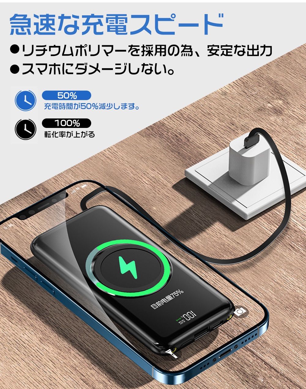 モバイルバッテリー ワイヤレス充電器  50000mAh 大容量急速充電 5台同時充電　PSE認証済