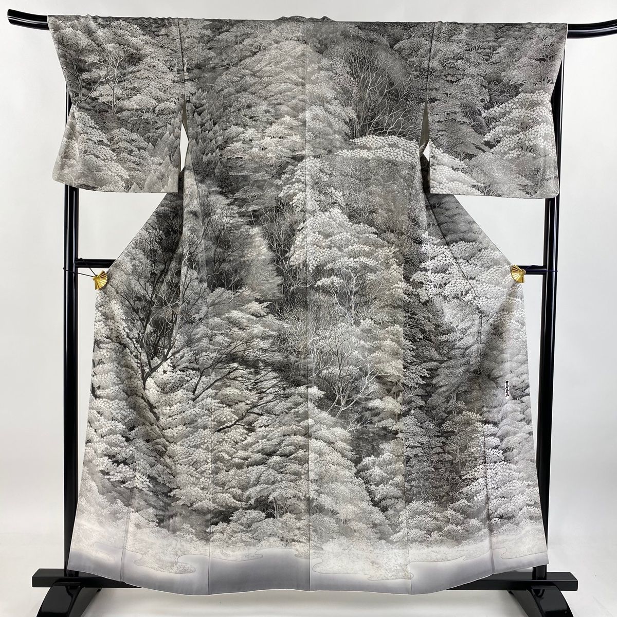 訪問着 身丈159.5cm 裄丈69.5cm L 袷 山岡古都 落款 白神山地 樹木 墨色 正絹 名品