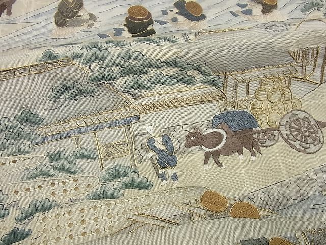 平和屋1□極上 訪問着 スワトウ刺繍 紬地 手描き 洛中洛外図 金糸 逸品